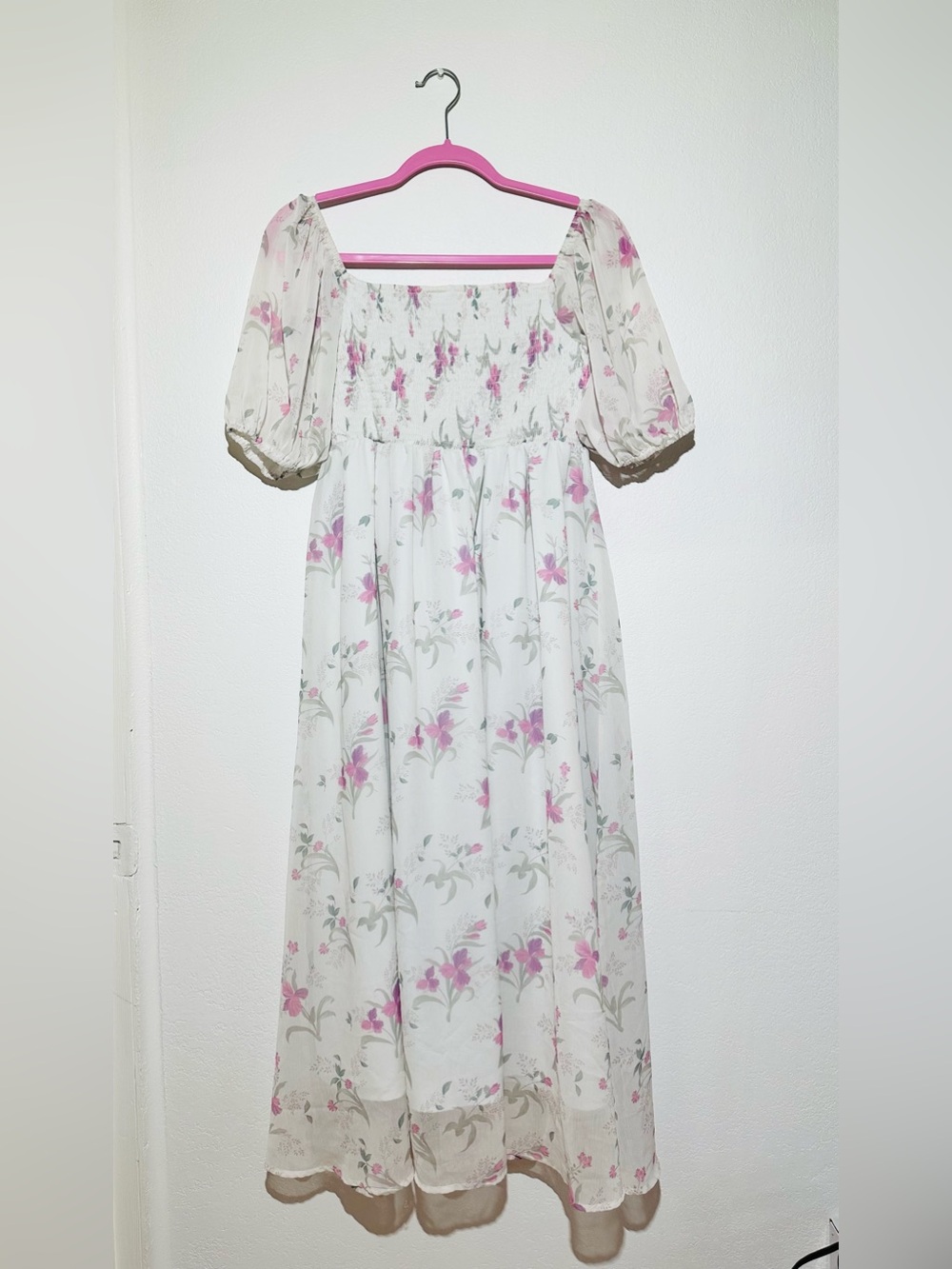 Floral Stretching Waist Puff Sleeves Maxi Dress